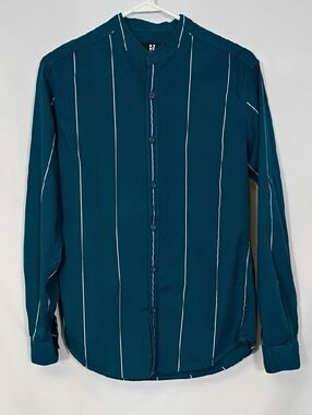 HERE&NOW Men Teal/White Slim Fit Striped Casual Shirt Mandarin Collar Sz Sm/38